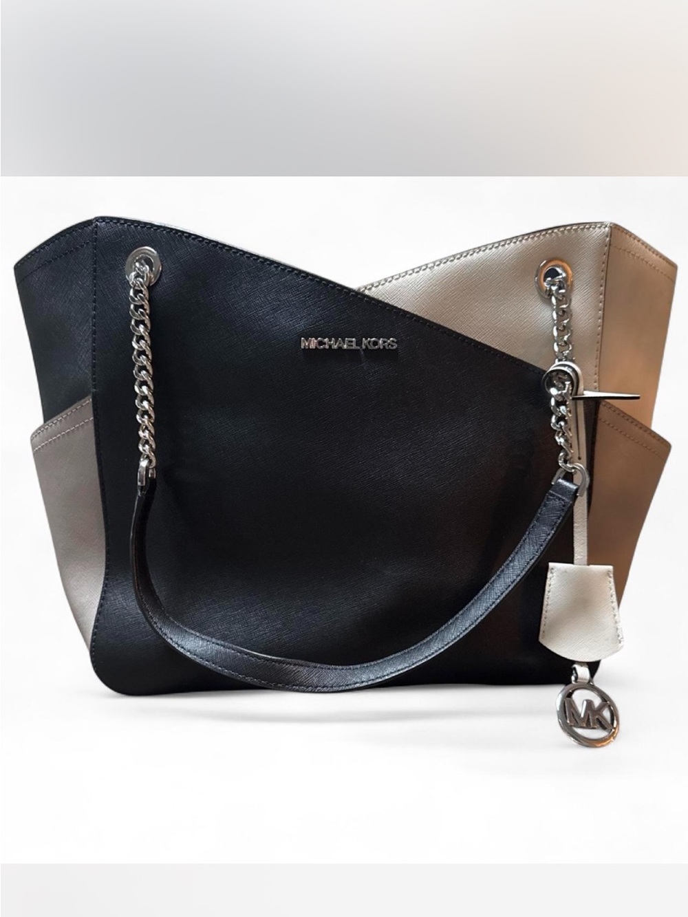 Michael Kors Black and Beige Two-Tone Saffiano Leather Tote with Chain Handles